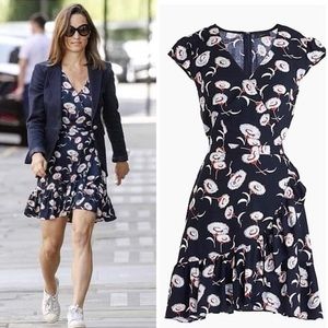 J Crew Navy, red and white floral faux wrap dress